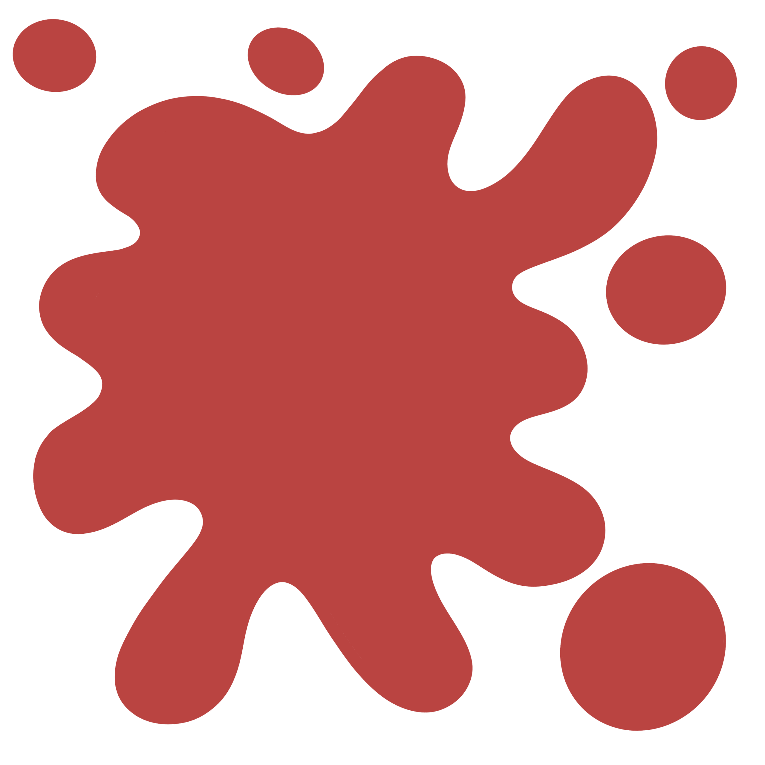 Illustration of a bright red paint splash or ink splat with rounded edges and several smaller detached red droplets surrounding the main shape on a light grey background.